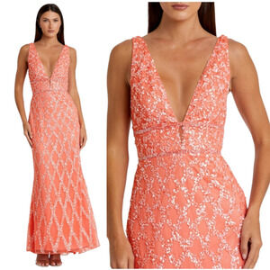 Mac Duggal 5669 Coral Pink 12 Sequin Plunge Neck Sleeveless Long Gown Dress